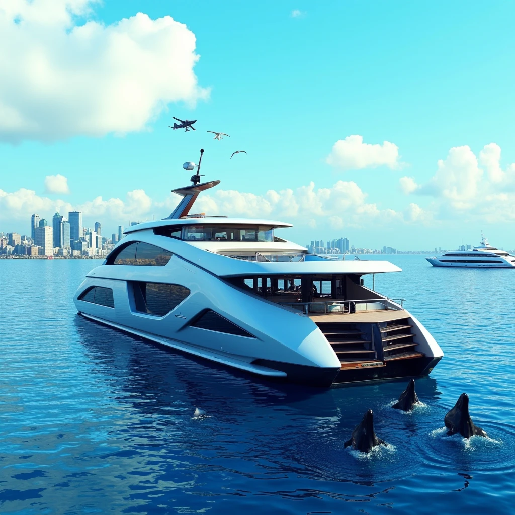 cinematic film still of <lora:Solarpunk style v1-step00001900:0.8>
cinematic Solarpunk style, Anno 2070 a back view of a cruise ship boat with dolphins in the water near a city, sci fi style, futuristic style, perfect image, perfect body, perfect anatomy, sharp image, detailed image, high quality cinematic photography, dramatic light style, cinematic background, cinematic contrast, cinematic saturation, cinematic film color style, visual artistic composition style, sad expression, cinematic Solarpunk style, outdoors, sky, day, cloud, water, blue sky, bird, ocean, building, scenery, motor vehicle, city, aircraft, watercraft, skyscraper, ship, boat, seagull, car, vehicle focus, science fiction, shallow depth of field, vignette, highly detailed, high budget, bokeh, cinemascope, moody, epic, gorgeous, film grain, grainy