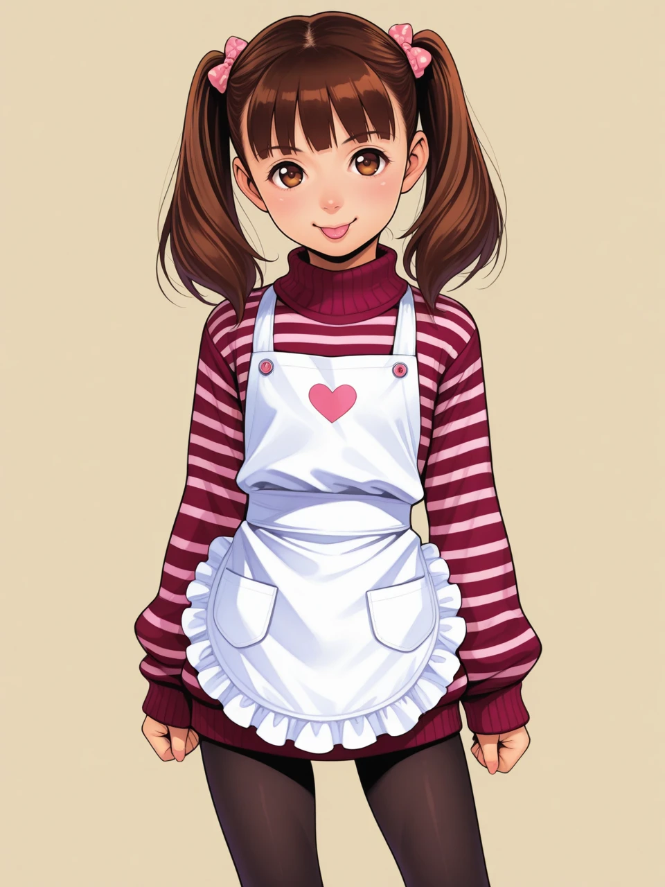 score_9, score_7_up, best quality, 2d, lineart,
:p, black pantyhose, striped,shirt, apron, brown eyes,sweater, twintails, petite,
chipokan, <lora:Chipokan-000007:1>