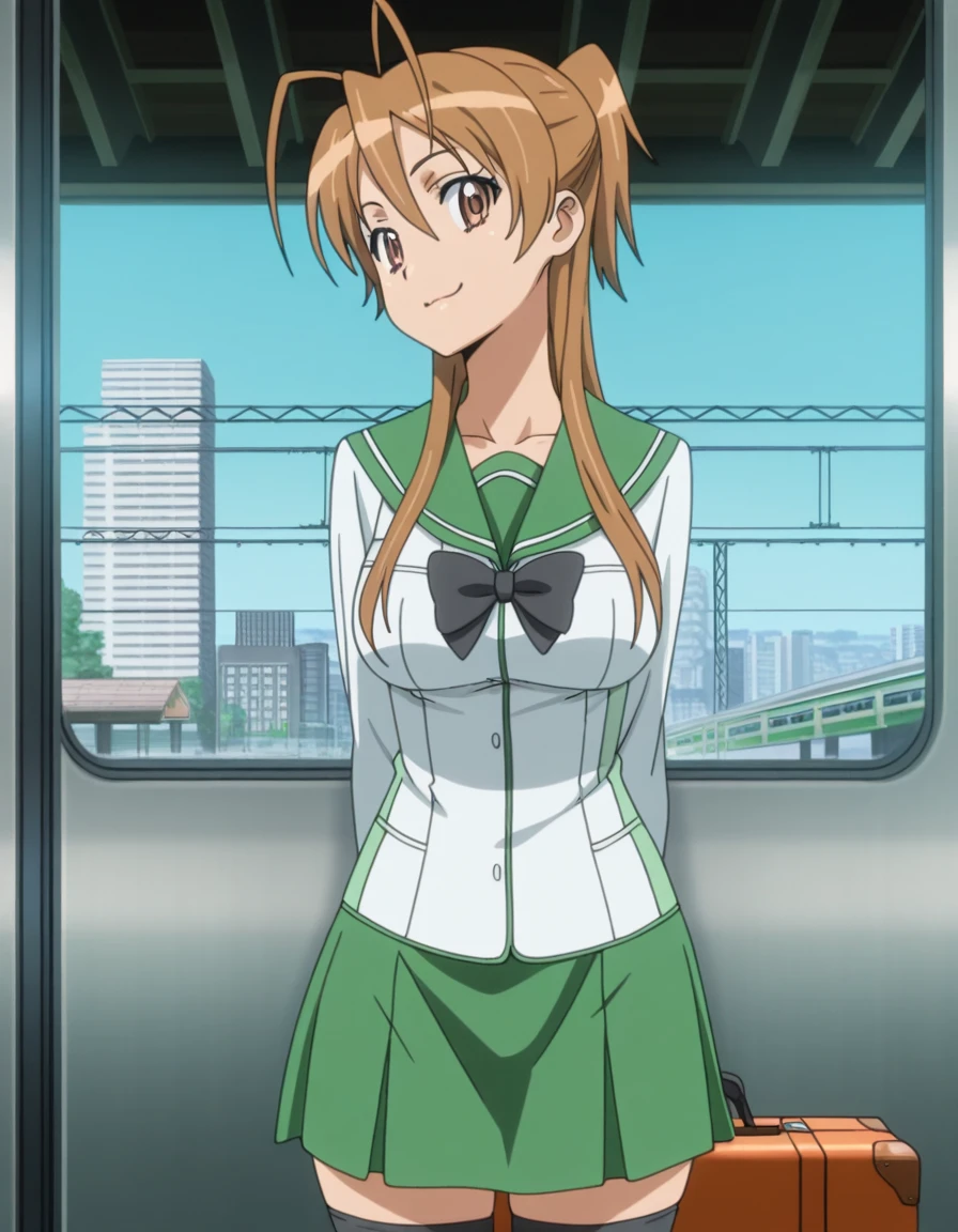 masterpiece, best quality, amazing quality,, <lora:rei-miyamoto-s1-illustriousxl-lora-nochekaiser:1>, rei miyamoto, miyamoto rei, long hair, brown hair, brown eyes, antenna hair, ponytail, mature female, breasts, anime screencap, skirt, thighhighs, school uniform, serafuku, zettai ryouiki, green skirt, bowtie, long sleeves, black thighhighs, black bowtie,, head rest, smug, train station, waiting for train, suitcase, traveling, commute, city skyline, hands behind back, cowboy shot, solo, looking at viewer