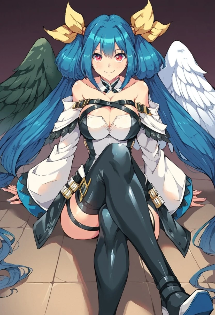 (a blue harpy girl),(best quality, ultra-detailed),(sit on chair),(presents her bird claws),(view from below)