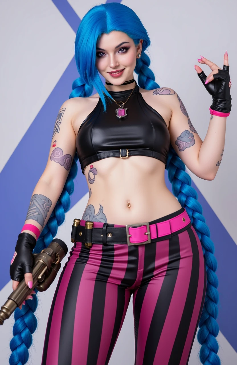jinx (league of legends) with tattoos and twin braids on her long electric blue hair, jewelry,shorts,necklace,belt,short shorts,gloves,azure blue eyes,pink thighhighs,small breasts,flat chest,<lora:MIAOKA_JINX_1.0_SDXL:0.6>, view from behind as she bends over with her ass high up in air a mischievous grin in a padded asylum cell