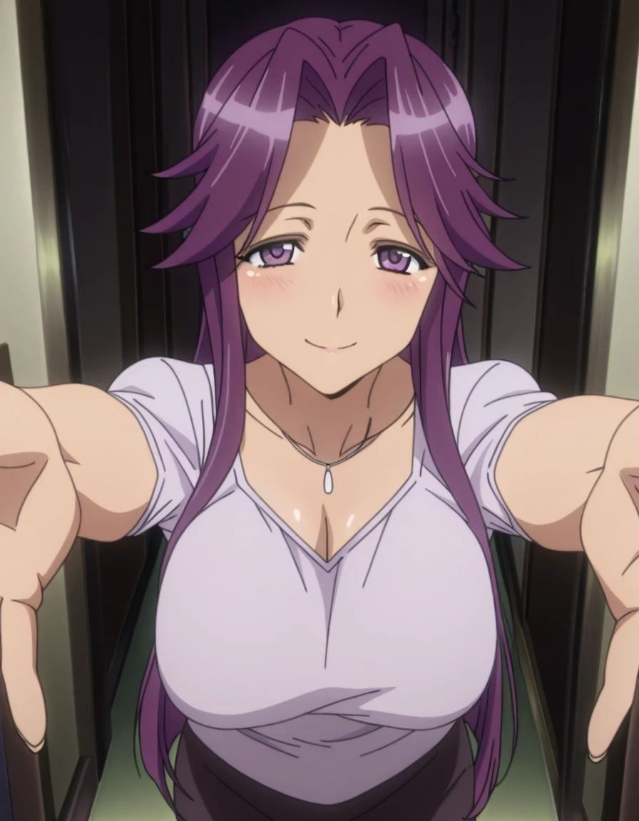 masterpiece, best quality, amazing quality,, <lora:yuriko-takagi-s1-illustriousxl-lora-nochekaiser:1>, yuriko takagi, long hair, purple eyes, purple hair, parted bangs, mature female, breasts, anime screencap, <lora:incoming-hug-illustriousxl-lora-nochekaiser:1>, incoming hug, looking at viewer, reaching, reacing towards viewer, outstretched arms, smile, blush, cowboy shot,,