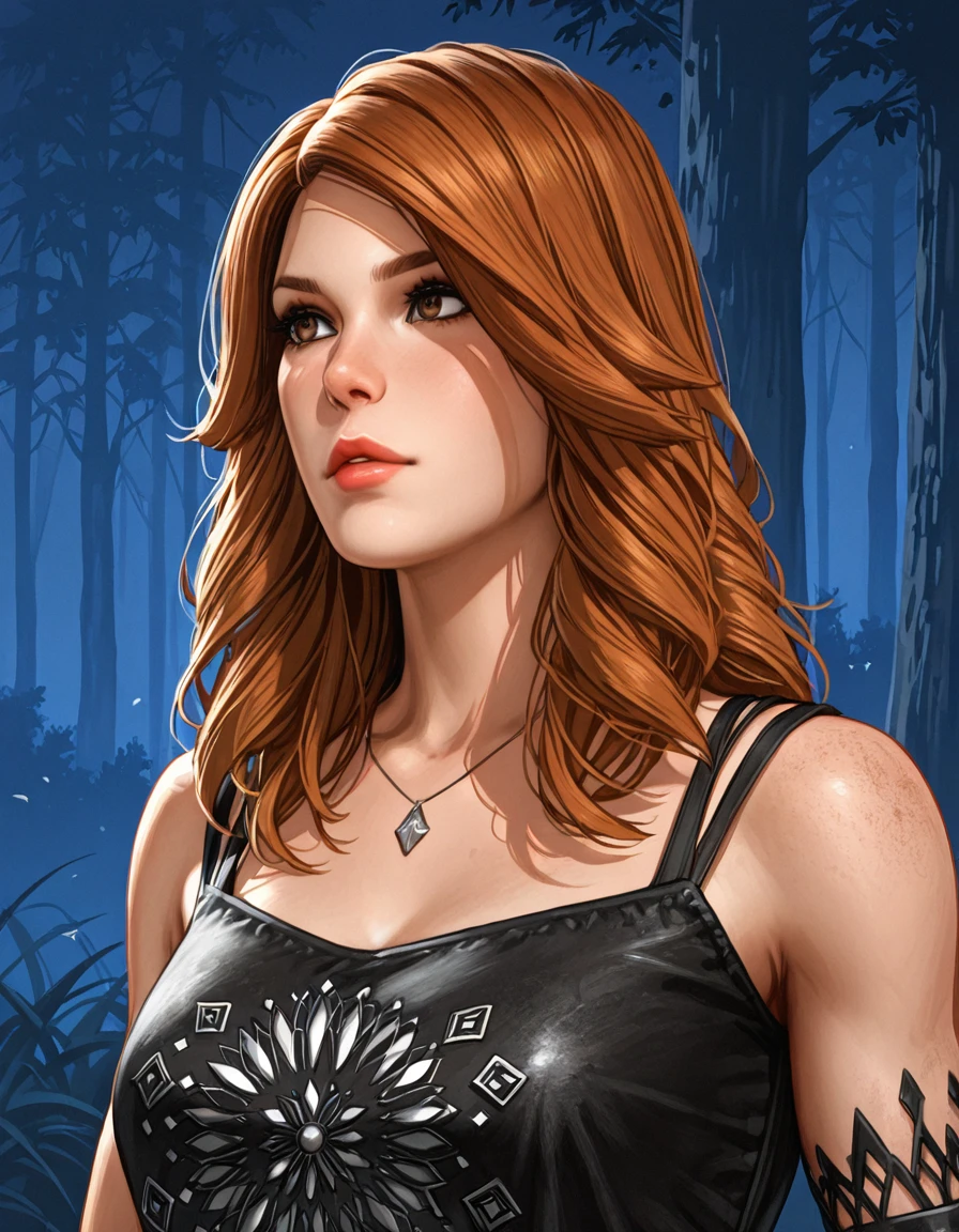 1girl, solo, brown hair, upper body, long hair, lips, kate denson <lora:Kate_Denson_Dead_by_DaylightIIIustrious:1>