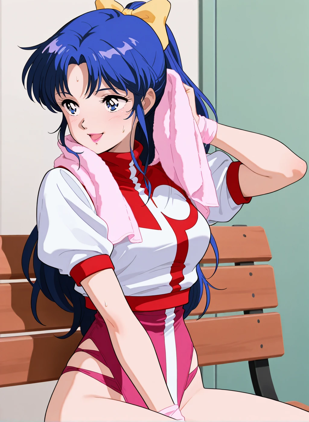 High quality,Ultra detailed,best quality,insanely detailed,beautiful,masterpiece,absurdres,very aesthetic,sensitive BREAK
<lora:amano_kazumi_V1_NOOB:1>,(amano kazumi, top wo nerae, blue hair, long hair, blue eyes, hair bow, yellow bow, ponytail, pink lips, retro artstyle, 1980s \(style\)),(pink leotard,uniform,turtleneck,short sleeves,puffy sleeves),1girl,solo,posing,indoors,sitting,sitting on bench,:d,sweat,towel,