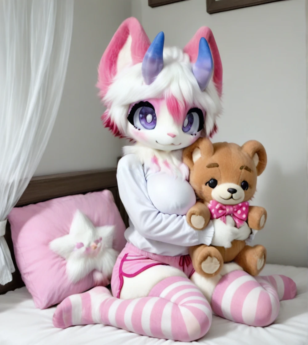 1girl, wild hips, huge breasts, bed, bow, closed mouth, curtains, frills, full body, hair bow, hair ornament, heart, holding, holding stuffed toy, hugging object, indoors, long sleeves, looking at viewer, no shoes, on bed, pillow, pink bow, pink shorts, pink thighhighs, polka dot, polka dot bow, shirt, shorts, sitting, smile, solo, star (symbol), striped, striped thighhighs, stuffed animal, stuffed toy, teddy bear, thighhighs, transparent, transparent curtains, white shirt, white thighhighs,
furry girl 12 (JSSTUDIO),furry,furry female,body fur,white fur,pink fur,neck fur,two-tone fur,snout,animal nose,:3,animal ears,pink ears,purple eyes,blue horns,white hair,short hair,eyelashes,streaked hair,pink hair,pink bangs,
intricate details,detailed background,
<lora:noobaiXLNAIXL_epsilonPred11Version-lora:0.11> <lora:furry_girl_12_JSSTUDIO:1>