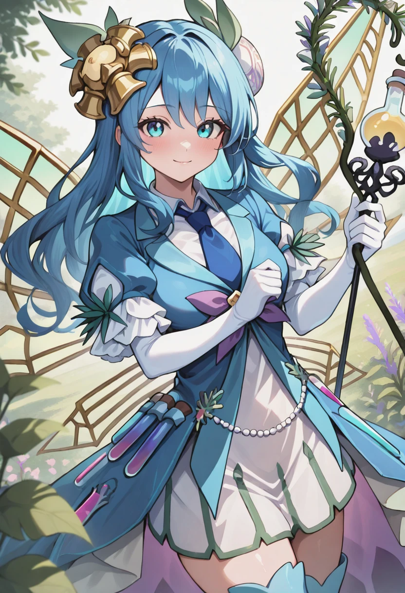 masterpiece,best quality,absurdres,perfect lighting,upper body,outdoors,plant,flower,rosemary plant,day,lens flare,
*//*,<lora:Rosemary-Illustrious:1>,rosemary_seraphy, duel monster, 1girl, solo, long hair, blue hair, blue eyes, bangs, hair ornament, hair flower, white gloves, elbow gloves, blue dress, puffy short sleeves, short sleeves, blue necktie, white skirt, thighhighs, test tube, bow, wings, goldwing,round-bottom flask,staff,staff_seraphy,
*//*,looking at viewer,cowboy shot,dutch angle,dynamic pose,light smile,