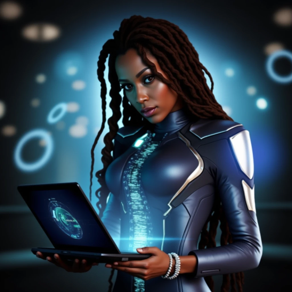 cinematic film still of <lora:Solarpunk style v1-step00001900:0.8>
cinematic Solarpunk style, Anno 2070 a brown skin woman in a futuristic suit holding a laptop, sci fi style, futuristic style, perfect image, perfect body, perfect anatomy, sharp image, detailed image, high quality cinematic photography, dramatic light style, cinematic background, cinematic contrast, cinematic saturation, cinematic film color style, visual artistic composition style, sad expression, cinematic Solarpunk style, solo, long hair, brown hair, long sleeves, upper body, lips, dreadlocks, holographic interface, hologram, bracelet, glowing, holographic monitor, nose
, shallow depth of field, vignette, highly detailed, high budget, bokeh, cinemascope, moody, epic, gorgeous, film grain, grainy