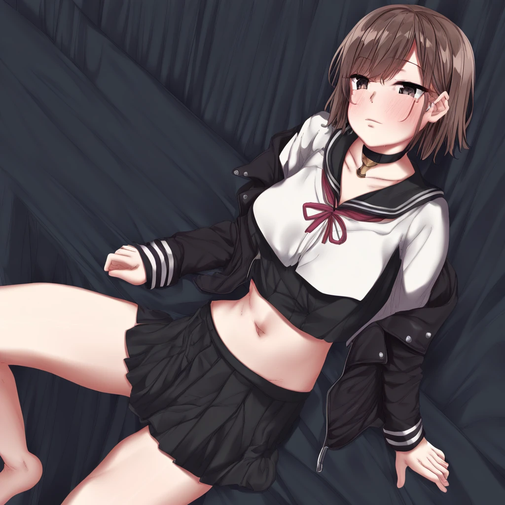 masterpiece, best quality, Astolfo, solo, ass, black bow, blush, bow, (bulge:1.6), crop top, crossdressing, hair intakes, long hair, looking back, lying, male focus, multicolored hair, on stomach, otokonoko, panties, pink hair, pink skirt, pleated skirt, purple eyes, school uniform, serafuku, skirt, solo, streaked hair, striped, striped panties, underwear，medium breasts,