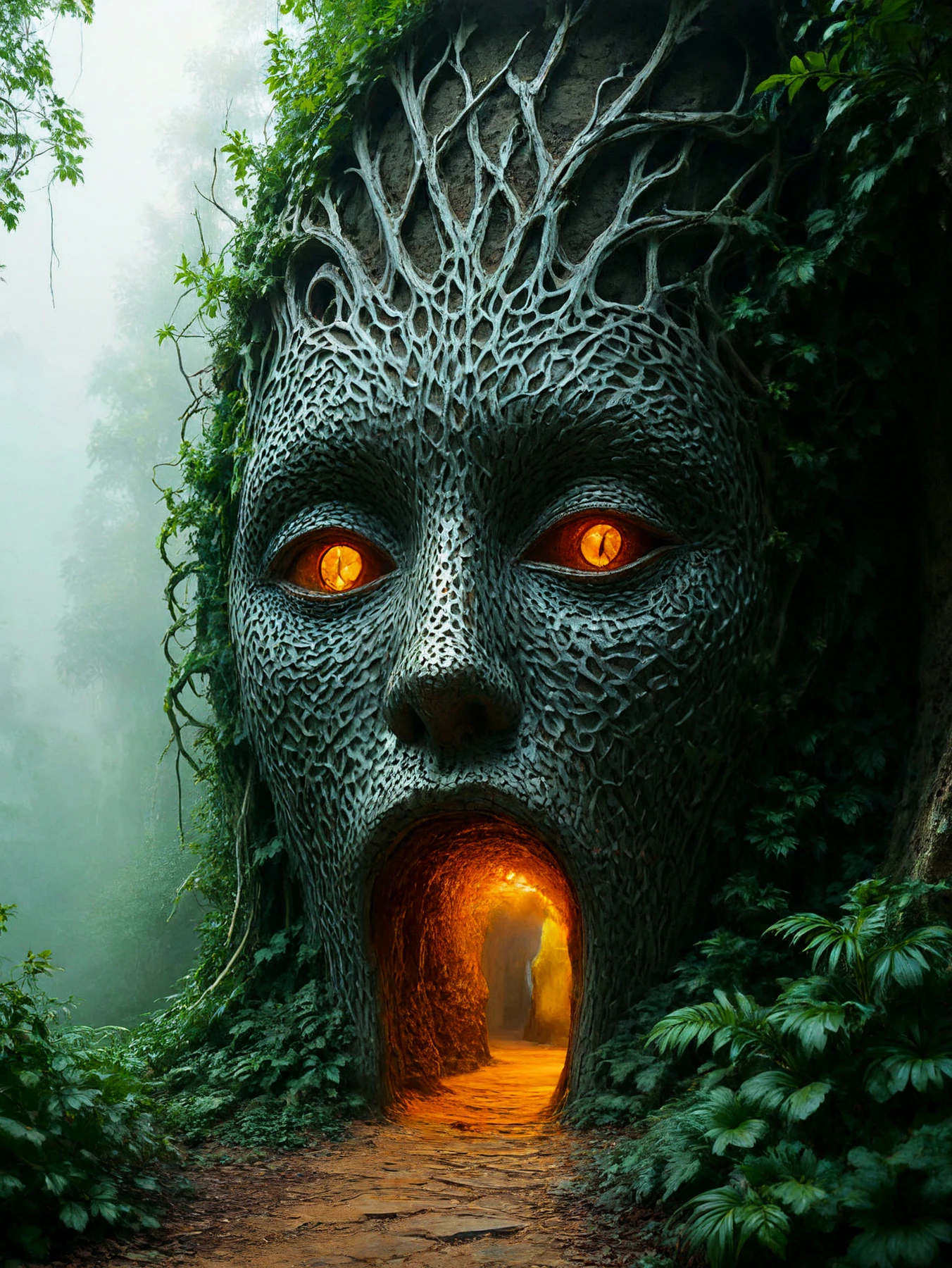 A face, growing from a tree, made of a tree, a tunnel within, revealing another realm.
<lora:ComeOnIn01a_CE_XL_300-OT:0.8> comeoninCE_style
