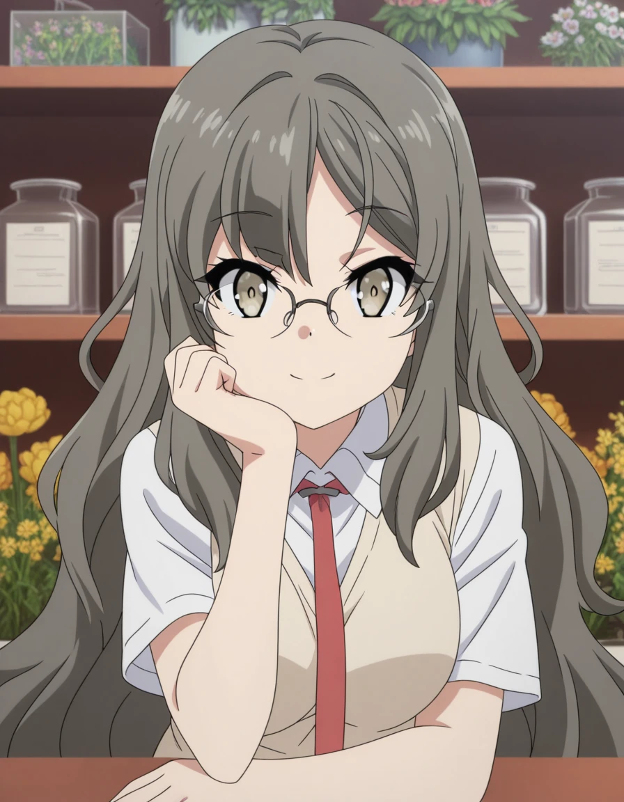 masterpiece, best quality, amazing quality,, <lora:rio-futaba-s1-illustriousxl-lora-nochekaiser:1>, rio futaba, futaba rio, long hair, brown hair, brown eyes, glasses, mature female, breasts, anime screencap, shirt, school uniform, white shirt, short sleeves, necktie, red necktie, head rest, smile,, flower shop, flowers, shelves, arrangements, cowboy shot, solo, looking at viewer