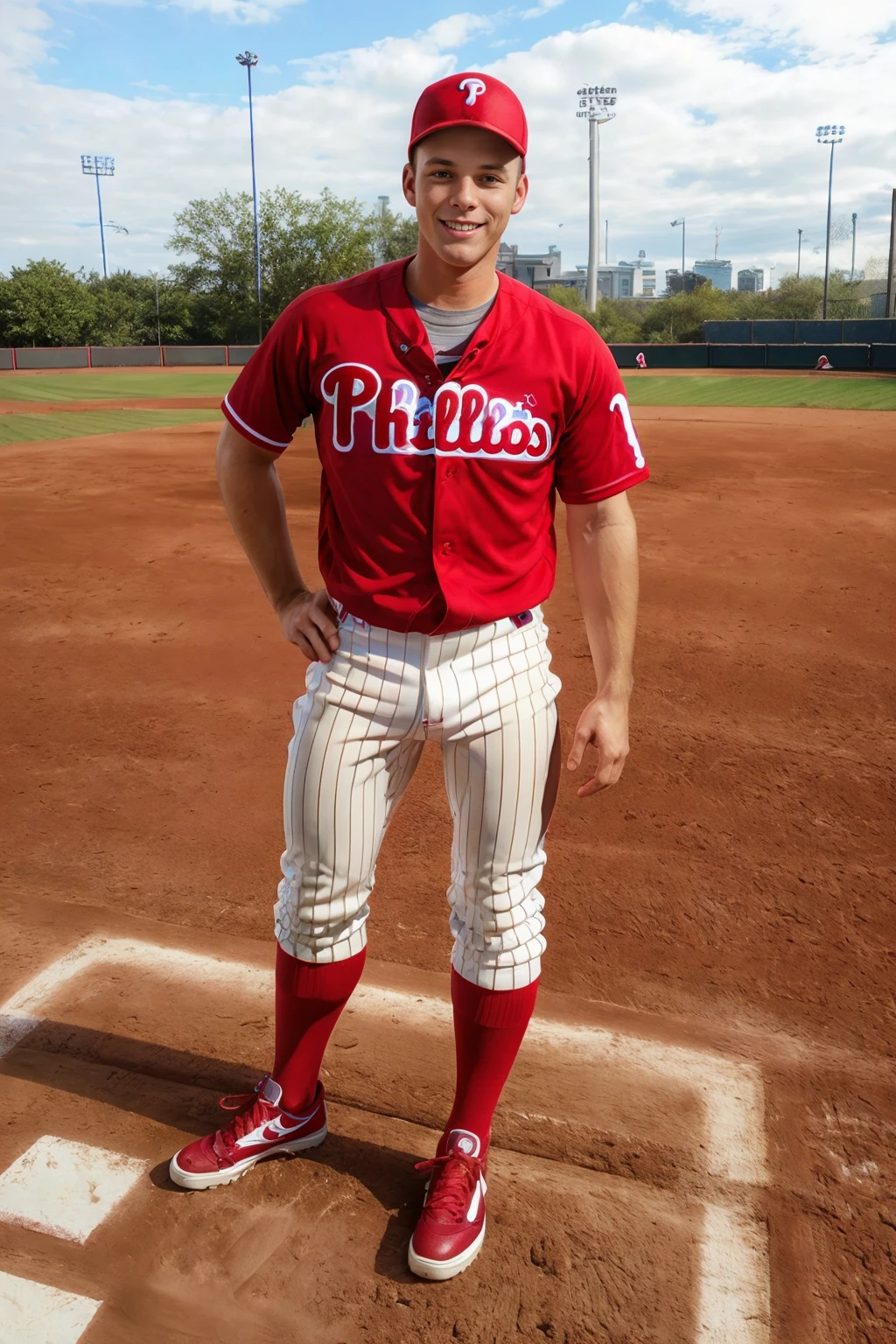 DevinAdams is a baseballplayer, smiling, Philadelphia Phillies baseball uniform, (Philadelphia Phillies jersey:1.3), (white pants:1.3), (red socks), long socks, red Philadelphia Phillies cap, (sneakers), baseball field, outdoors, home plate, standing, ((full body portrait)), wide angle <lora:Clothing - Sexy Baseball Player:0.6> <lora:DevinAdams:0.8>