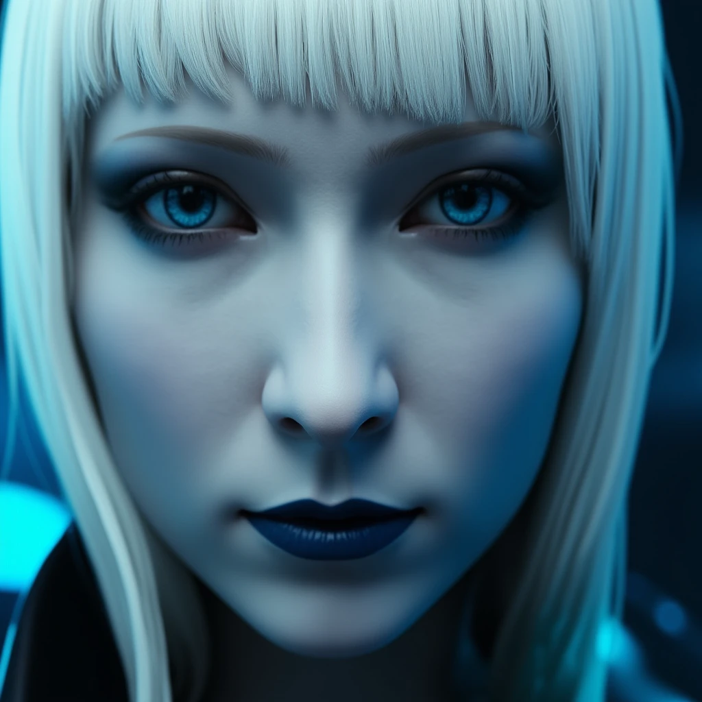cinematic film still of <lora:Solarpunk style v1-step00001900:0.8>
cinematic Solarpunk style, Anno 2070 a closeup on a gothic cyborg face of a pale white woman with a futuristic face and a white blonde hair, sci fi style, futuristic style, perfect image, perfect body, perfect anatomy, sharp image, detailed image, high quality cinematic photography, dramatic light style, cinematic background, cinematic contrast, cinematic saturation, cinematic film color style, visual artistic composition style, sad expression, cinematic Solarpunk style, solo, looking at viewer, blue eyes, white hair, blunt bangs, lips, colored skin, portrait, close-up, colored sclera, science fiction, makeup, android, cyborg, blue lips, cyberpunk, lipstick
, shallow depth of field, vignette, highly detailed, high budget, bokeh, cinemascope, moody, epic, gorgeous, film grain, grainy