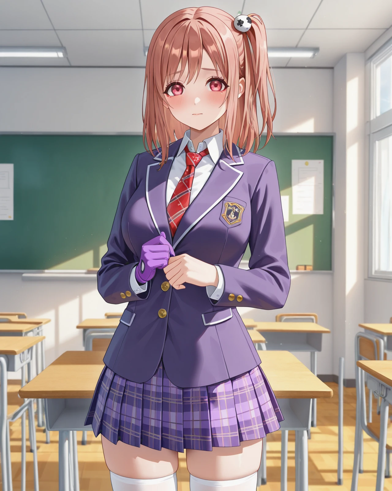 honoka \(doa VV\),school uniform,purple blazer,red necktie,plaid skirt,checkered skirt,purple skirt,white thighhighs,single glove,purple glove,cowboy shot,classroom,