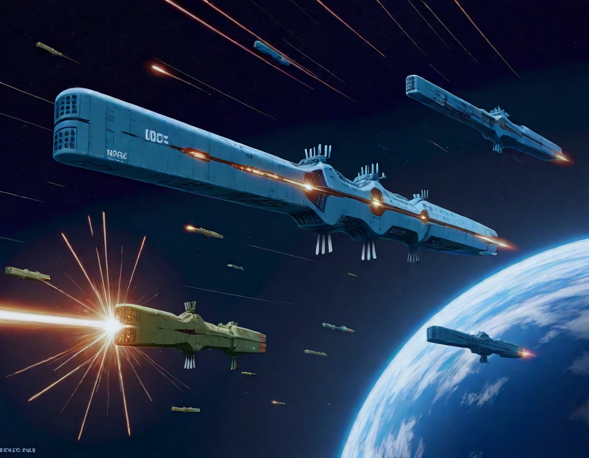 masterpiece, best_quality, very_aesthetic, highres, absurdres,very_aesthetic, ultra detailed,
<lora:LOGH_FPA_IL:1> logh, fpa spacebattleship, no humans, spacecraft, science fiction, vehicle focus, space,starry sky, spac war,laser beam,explosion, earth \(planet\), orbit, number text,english print,engine glowing blue, missile fired,energy shield, <lora:spaceship_IL:1> spaceship, spffwl, no humans, science fiction, spacecraft,
