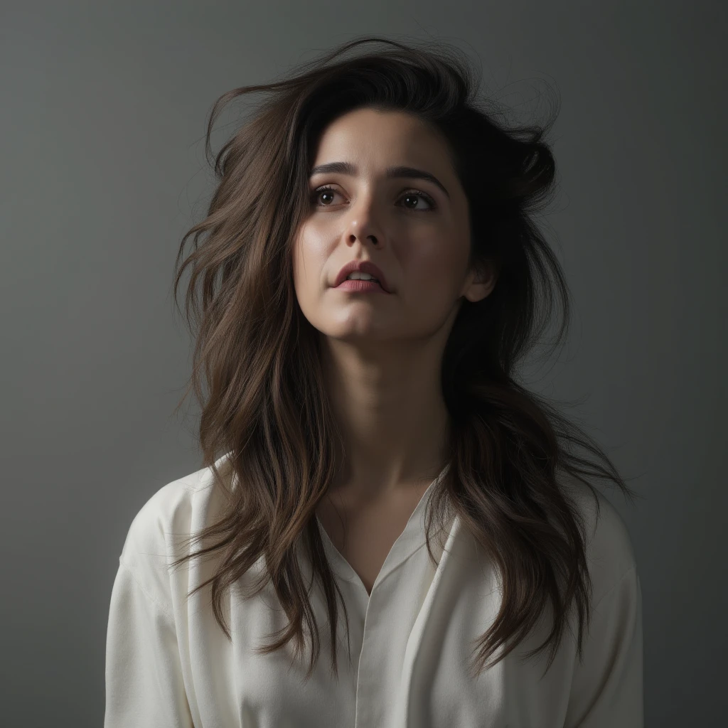 UHD, 4k, ultra detailed, cinematic, a photograph of <lora:sad style v1.1:1>
cinematic sad style, sad facial expression of a sad woman with long hair and a white shirt, perfect image, perfect body, perfect anatomy, sharp image, detailed image, high quality cinematic photography, dramatic light style, cinematic background, cinematic contrast, cinematic saturation, cinematic film color style, visual artistic composition style, sad expression, cinematic sad style, solo, long hair, shirt, brown hair, black hair, closed mouth, brown eyes, grey background, looking to the side, lips, portrait, nose, photorealistic, messy hair, tears, looking up, bright window light, epic, beautiful lighting, inpsiring