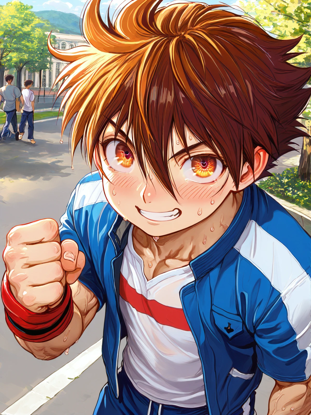 smile,happy, score_9, score_8_up, score_8, score_7_up, BREAK
1boy,(muscular male:1.0),
((8k,best quality,masterpiece, ultra-detailed, amazing quality, very aesthetic, illustration, perfect composition, intricate details, absurdres, incredibly absurdres:1.2)),source_anime,deep skin, perfect face, perfect eyes,((extremely detailed eyes,extremely detailed face:1.6)),shiny skin, oiled skin,
,(sweat:1.0),
solo focus,pov,looking at viewer,
male focus,
standing,cowboy shot,looking at viewer,
in the park,
matsuena_shun,
<lora:matsuena_shun_style_il:0.8>