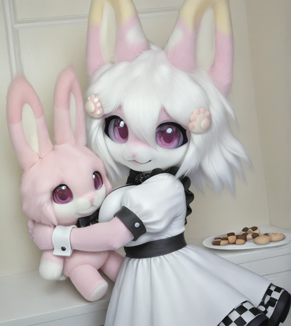 1girl, wild hips, huge breasts, barefoot, black bow, blush, bow, checkerboard cookie, checkered background, closed mouth, cookie, dress, floating hair, food, from side, hair between eyes, hugging object, looking at viewer, looking to the side, official alternate costume, plate, puffy short sleeves, puffy sleeves, short sleeves, smile, solo, stuffed animal, stuffed rabbit, stuffed toy, white dress,
furry girl 3 (JSSTUDIO),furry,furry female,two-tone fur,WHITE FUR,PINK FUR,PINK EYES,double-parted bangs,WHITE HAIR,short hair,hair ornament,body fur,
snout,animal nose,animal ears,
<lora:noobaiXLNAIXL_epsilonPred11Version-lora:0.11> <lora:furry_girl_3_JSSTUDIO:1>