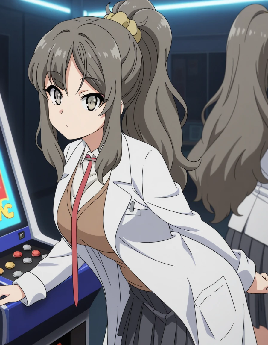 masterpiece, best quality, amazing quality,, <lora:rio-futaba-s1-illustriousxl-lora-nochekaiser:1>, rio futaba, futaba rio, long hair, brown hair, brown eyes, hair ornament, ponytail, hair scrunchie, scrunchie, mature female, breasts, anime screencap, skirt, shirt, school uniform, white shirt, pleated skirt, collared shirt, black skirt, vest, red necktie, labcoat, white labcoat, brown vest,, leaning forward,, arcade, games, lights, fun, retro, cowboy shot, solo, looking at viewer