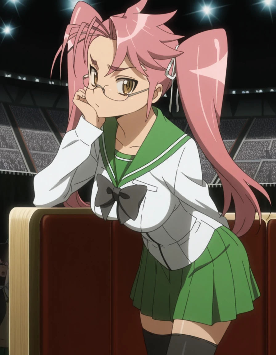 masterpiece, best quality, amazing quality,, <lora:saya-takagi-s1-illustriousxl-lora-nochekaiser:1>, saya takagi, takagi saya, long hair, ribbon, twintails, brown eyes, hair ribbon, pink hair, glasses, mature female, breasts, anime screencap, skirt, thighhighs, school uniform, serafuku, zettai ryouiki, green skirt, bowtie, long sleeves, black thighhighs, black bowtie,, head rest, arena, seats, stage, event, audience, cowboy shot, solo, looking at viewer
