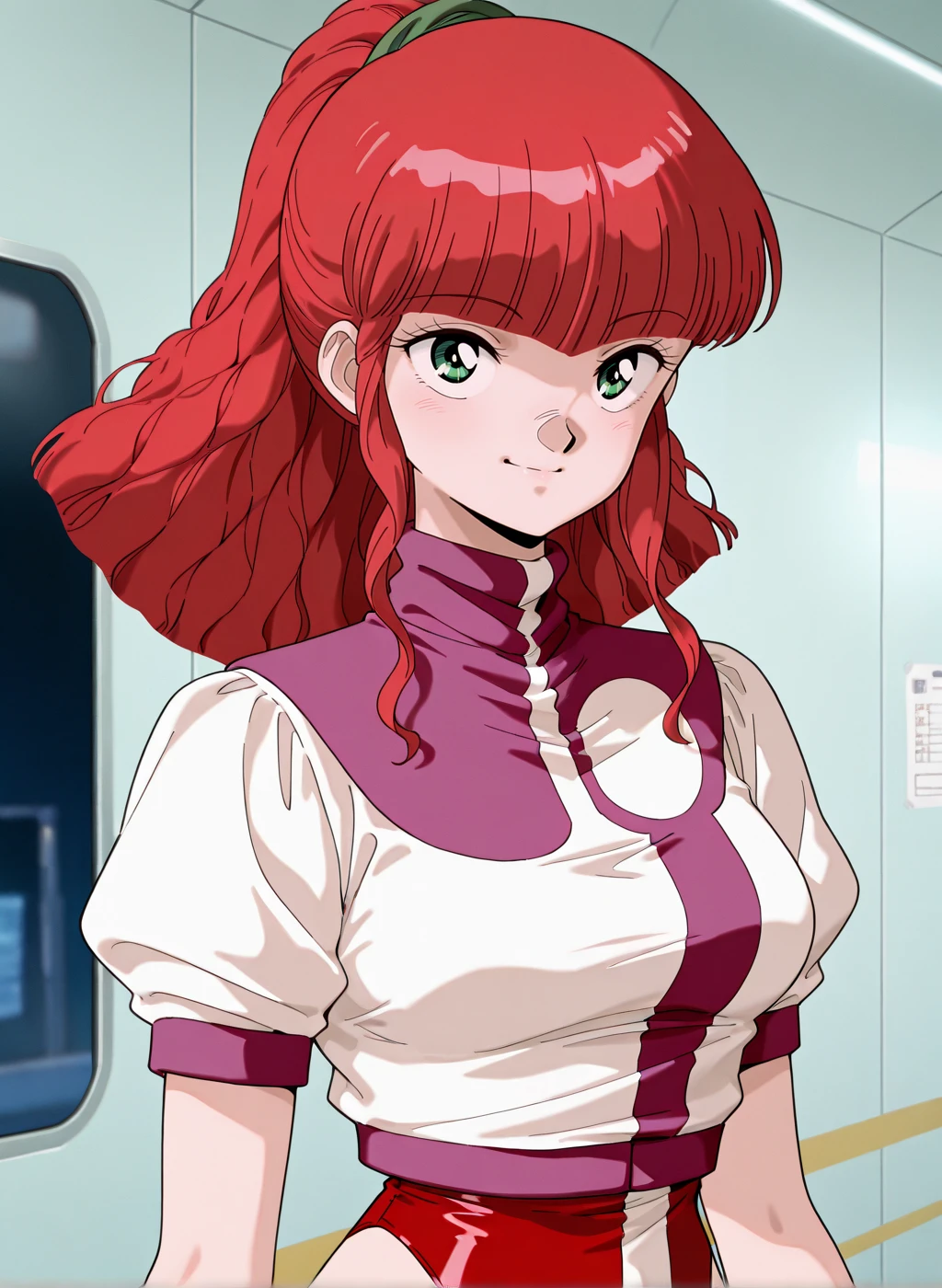 High quality,Ultra detailed,best quality,insanely detailed,beautiful,masterpiece,absurdres,very aesthetic,sensitive BREAK
<lora:jung_freud_V1_NOOB:1>,(jung freud, top wo nerae, red hair, long hair, green eyes, ponytail, medium breasts, 1980s \(style\), retro artstyle),(red leotard,uniform,turtleneck,short sleeves,puffy sleeves),1girl,solo,posing,indoors,science fiction,portrait,smile,^_^,closed eyes,