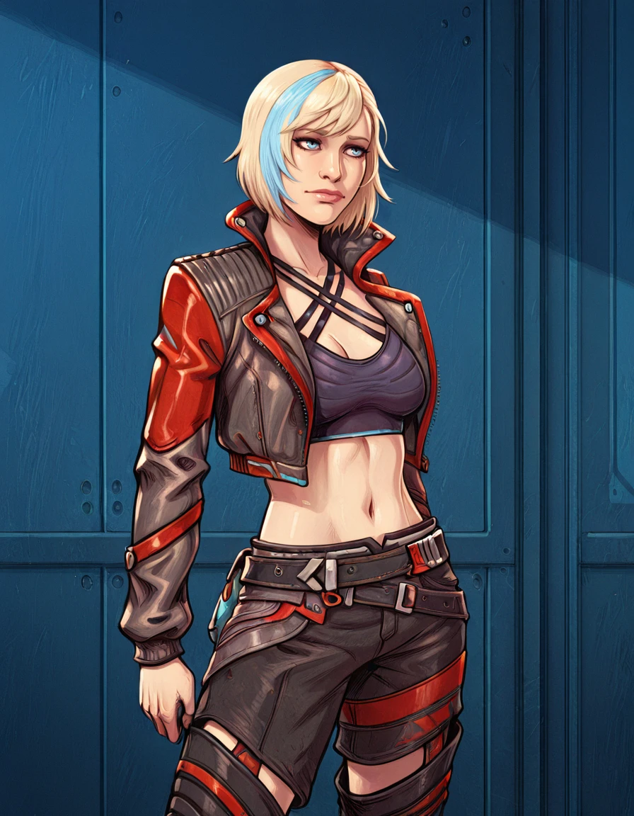 1girl, solo, navel, blonde hair, jacket, multicolored hair, pants, streaked hair, midriff, blue eyes, cropped jacket, short hair, belt, blue hair, criss-cross halter, open jacket, breasts, standing, black pants, shorts, nea karlsson<lora:Nea_Karlsson_-_Straight_Arrow_Skin_Dead_by_DaylightIIIustrious:0.8> <lora:devilhsill:0.8> devilhsill