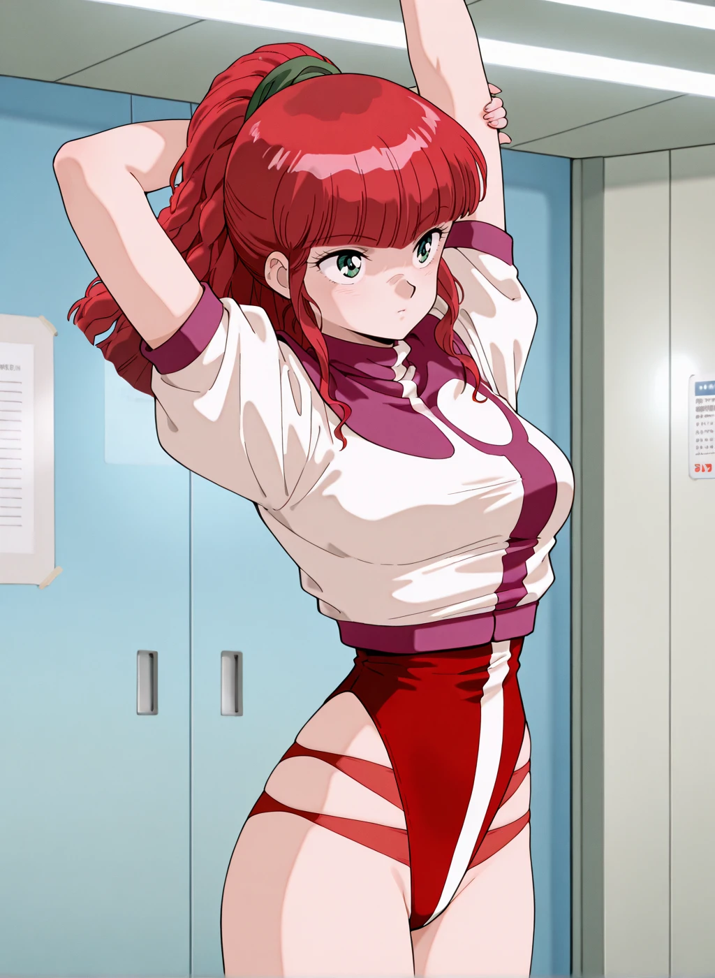High quality,Ultra detailed,best quality,insanely detailed,beautiful,masterpiece,absurdres,very aesthetic,sensitive BREAK
<lora:jung_freud_V1_NOOB:1>,(jung freud, top wo nerae, red hair, long hair, green eyes, ponytail, medium breasts, 1980s \(style\), retro artstyle),(red leotard,uniform,turtleneck,short sleeves,puffy sleeves),1girl,solo,posing,indoors,science fiction,standing,stretching,