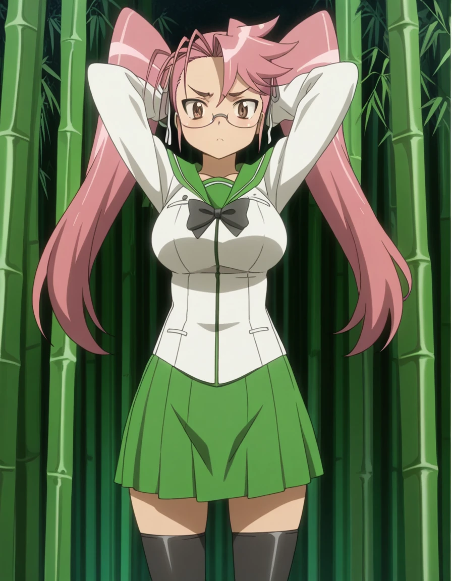 masterpiece, best quality, amazing quality,, <lora:saya-takagi-s1-illustriousxl-lora-nochekaiser:1>, saya takagi, takagi saya, long hair, ribbon, twintails, brown eyes, hair ribbon, pink hair, glasses, mature female, breasts, anime screencap, skirt, thighhighs, school uniform, serafuku, zettai ryouiki, green skirt, bowtie, long sleeves, black thighhighs, black bowtie,, hands behind head,, bamboo forest, bamboo, trees, dense, wildlife, cowboy shot, solo, looking at viewer