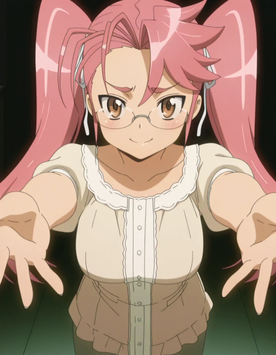 masterpiece, best quality, amazing quality,, <lora:saya-takagi-s1-illustriousxl-lora-nochekaiser:1>, saya takagi, takagi saya, long hair, ribbon, twintails, brown eyes, hair ribbon, pink hair, glasses, mature female, breasts, anime screencap, <lora:incoming-hug-illustriousxl-lora-nochekaiser:1>, incoming hug, looking at viewer, reaching, reacing towards viewer, outstretched arms, smile, blush, cowboy shot,,