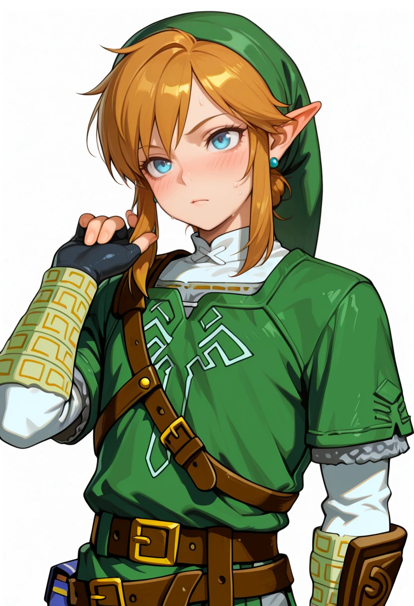 1boy, male focus,
link,
amazing quality, high resolution, ultra-detailed, classic link, solo, pointy ears, jewelry, hat, smile, green headwear, belt, bangs, gloves, upper body, shirt, looking at viewer, brown belt,
masterpiece, best quality, very aesthetic, absurdres