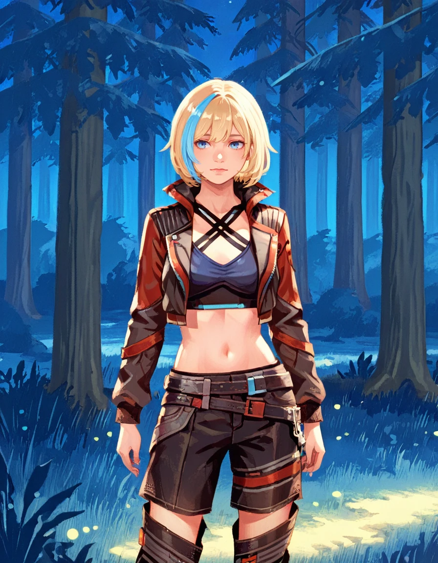1girl, solo, navel, blonde hair, jacket, multicolored hair, pants, streaked hair, midriff, blue eyes, cropped jacket, short hair, belt, blue hair, criss-cross halter, open jacket, breasts, standing, black pants, shorts, nea karlsson<lora:Nea_Karlsson_-_Straight_Arrow_Skin_Dead_by_DaylightIIIustrious:0.8> outdoor forest, night <lora:Amelicart_style_Illustrious_Xl:0.8> 0mel1c0rt , chibi only