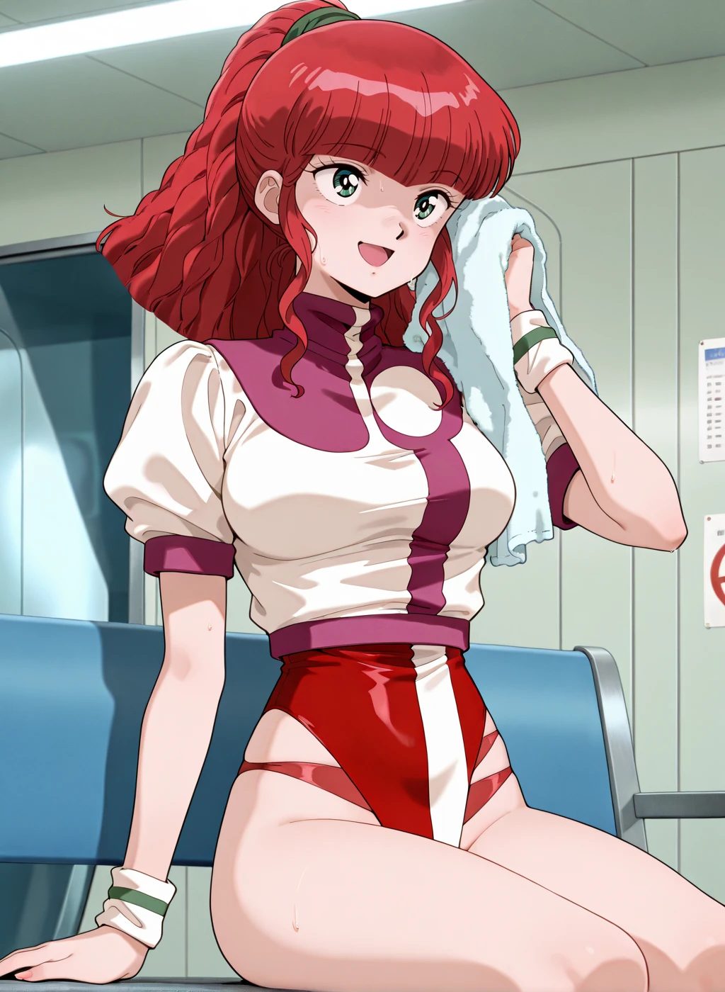 High quality,Ultra detailed,best quality,insanely detailed,beautiful,masterpiece,absurdres,very aesthetic,sensitive BREAK
<lora:jung_freud_V1_NOOB:1>,(jung freud, top wo nerae, red hair, long hair, green eyes, ponytail, medium breasts, 1980s \(style\), retro artstyle),(red leotard,uniform,turtleneck,short sleeves,puffy sleeves),1girl,solo,posing,indoors,science fiction,sitting,sitting on bench,:d,sweat,towel,
