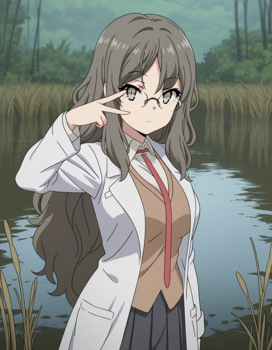 masterpiece, best quality, amazing quality,, <lora:rio-futaba-s1-illustriousxl-lora-nochekaiser:1>, rio futaba, futaba rio, long hair, brown hair, brown eyes, glasses, mature female, breasts, anime screencap, skirt, shirt, school uniform, white shirt, pleated skirt, collared shirt, black skirt, vest, red necktie, labcoat, white labcoat, brown vest,, v, v over eyes,, wetland, water, reeds, swamp, wildlife, cowboy shot, solo, looking at viewer