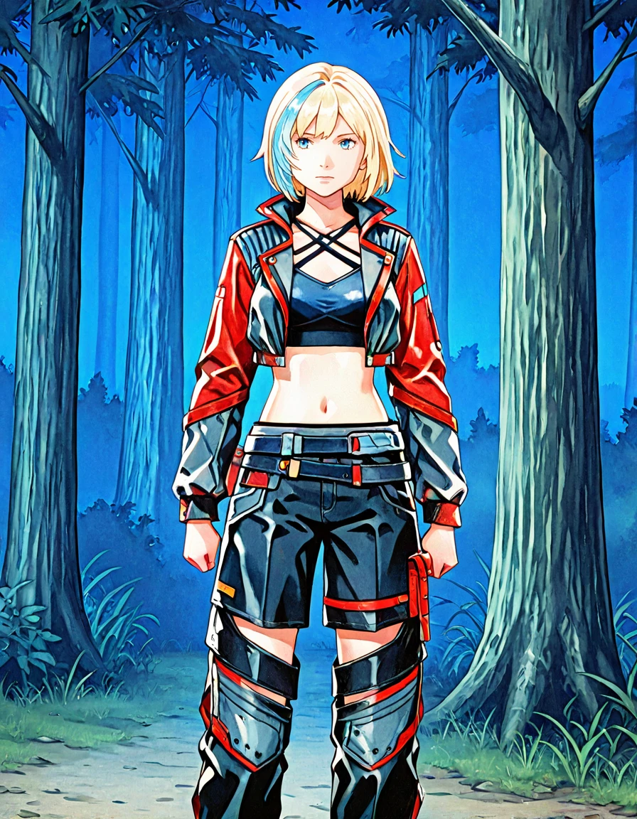 1girl, solo, navel, blonde hair, jacket, multicolored hair, pants, streaked hair, midriff, blue eyes, cropped jacket, short hair, belt, blue hair, criss-cross halter, open jacket, breasts, standing, black pants, shorts, nea karlsson<lora:Nea_Karlsson_-_Straight_Arrow_Skin_Dead_by_DaylightIIIustrious:0.8> outdoor forest, night <lora:KenSugimoriIllus2:1.3> ict style, watercolor \(medium\)