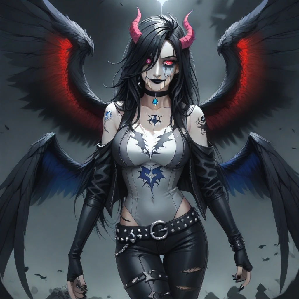 bs, solo, simple background, monochrome, upper body, greyscale, bodysuit, black background, 1other, monster, arms at sides, horror (theme) there is a large-breasted woman in the picture with her arms torn off and her face bleeding, ravens flying in the background