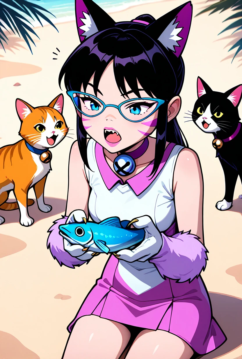 <lora:nyancychan-10:1> nyancychan, black hair, 1girl, long hair, cat ears, purple glasses, blue glasses lens, claws, gloves, neck bell, purple choker, whisker markings, ponytail, pink pants, short dress, sleeveless, sharp canines, teeth, expressive, facial expression,, open mouth, pink lipstick, holding fish, discarded fishbones, on beach, palm trees, sitting on sand, surrounded by cats,, masterpiece, best quality, amazing quality, very aesthetic, absurdres, newest,