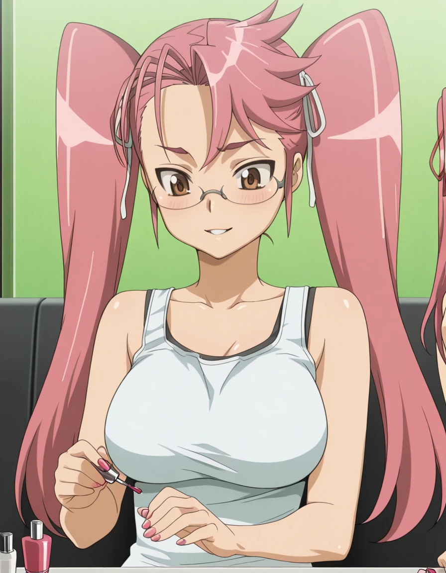 masterpiece, best quality, amazing quality,, <lora:saya-takagi-s1-illustriousxl-lora-nochekaiser:1>, saya takagi, takagi saya, long hair, ribbon, twintails, brown eyes, hair ribbon, pink hair, glasses, mature female, breasts, anime screencap, <lora:applying-manicure-illustriousxl-lora-nochekaiser:1>, applying manicure, looking down, blush, smile, bare shoulders, sitting, collarbone, nail polish, sdolphin shorts, tank top, fingernails, parted lips,,