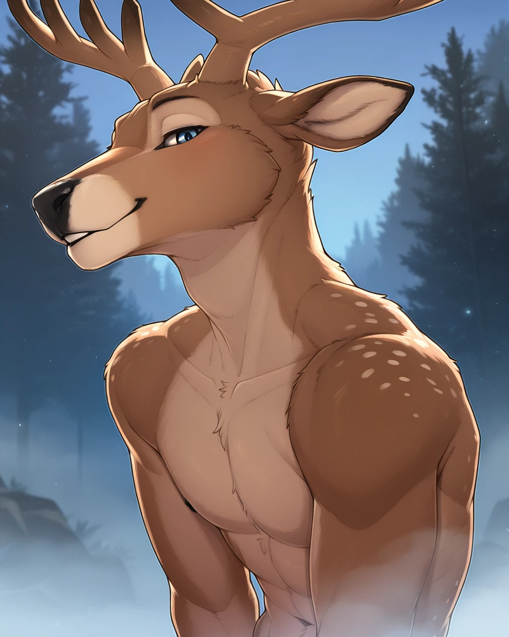 (masterpiece, Best Quality:1.2), deer, alone, disrupted, reloaded, showing her butt, standing on his 2 legs, shirtless, bare pecs, bare pecs, bare back, bare shoulders, Naked upper body, completely naked, detailed face, detailed body, 5 fingers, Detailed hands, strong abs, pair of nipples, defined pectorals, green eyes, detailed eyes, short hair same coat color,2 arms, brief underwear, at night , por pache riggs