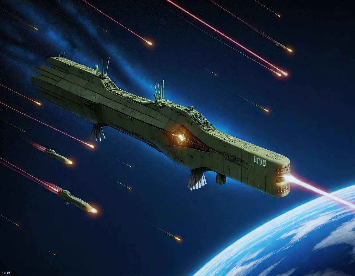 masterpiece, best_quality, very_aesthetic, highres, absurdres,very_aesthetic, ultra detailed,
<lora:LOGH_FPA_IL:1> logh, fpa spacebattleship, no humans, spacecraft, science fiction, vehicle focus, space,starry sky, spac war,laser beam,explosion, earth \(planet\), orbit, number text,english print,engine glowing blue, missile fired,energy shield,