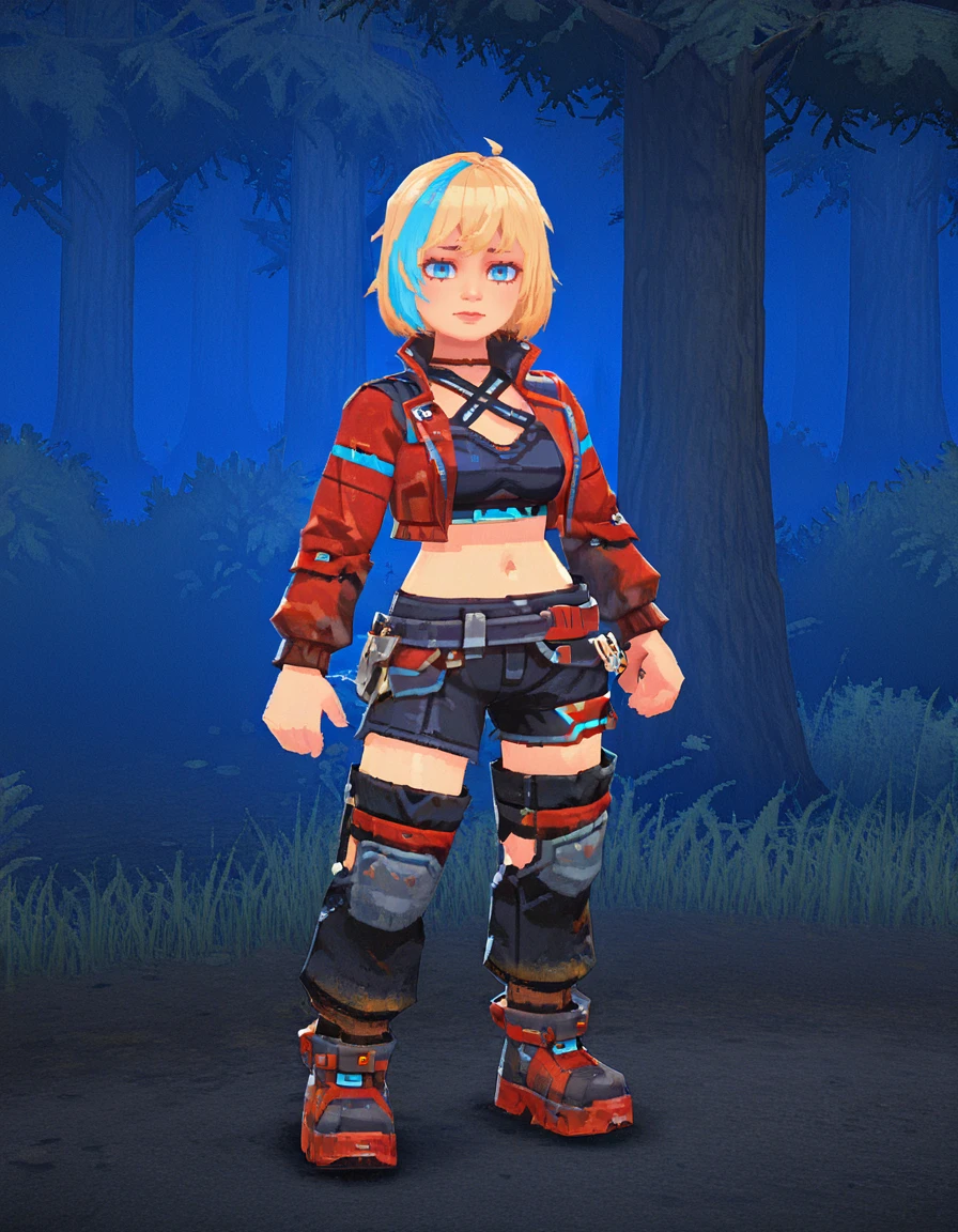 1girl, solo, navel, blonde hair, jacket, multicolored hair, pants, streaked hair, midriff, blue eyes, cropped jacket, short hair, belt, blue hair, criss-cross halter, open jacket, breasts, standing, black pants, shorts, nea karlsson<lora:Nea_Karlsson_-_Straight_Arrow_Skin_Dead_by_DaylightIIIustrious:0.8> outdoor forest, night <lora:LowPoly_3D_Style_IIIustrious:1.2> lowpoly 3d, full body