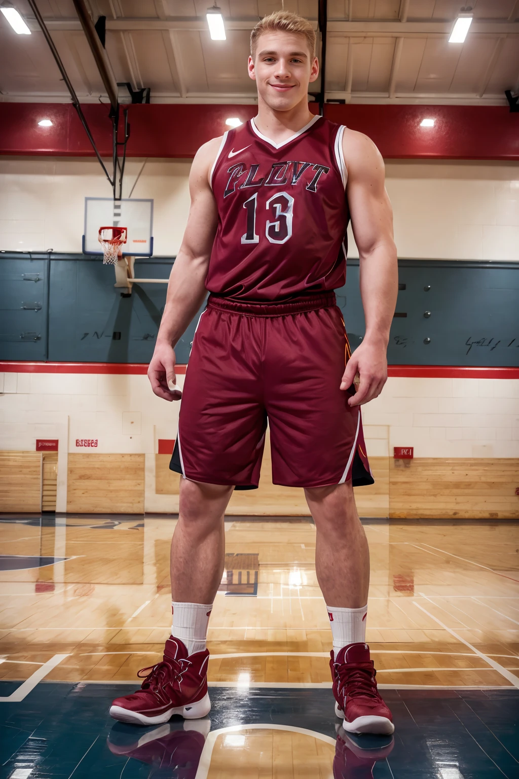 school basketball gym, high ceiling, BillyRubens is a basketballplayer, basketball uniform, (carmine red jersey:1.4), (carmine red shorts:1.4), white socks, sneakers, (((full body portrait))), wide angle   <lora:Clothing - Sexy Basketball Player:0.6>  <lora:BillyRubens:0.8>