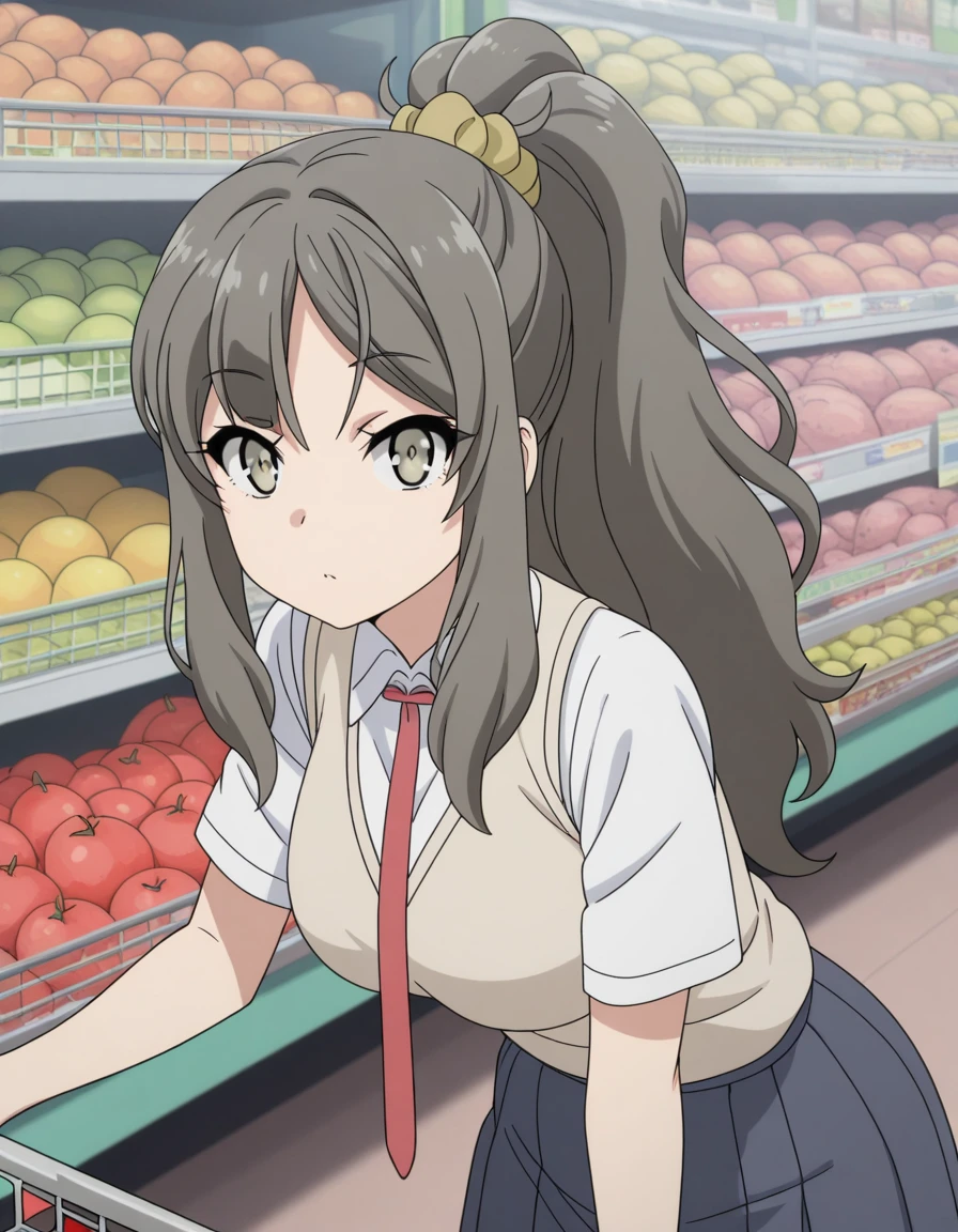 masterpiece, best quality, amazing quality,, <lora:rio-futaba-s1-illustriousxl-lora-nochekaiser:1>, rio futaba, futaba rio, long hair, brown hair, brown eyes, hair ornament, ponytail, hair scrunchie, scrunchie, mature female, breasts, anime screencap, shirt, school uniform, white shirt, short sleeves, necktie, red necktie, leaning forward,, grocery store, shopping cart, picking fruits, everyday life, cowboy shot, solo, looking at viewer