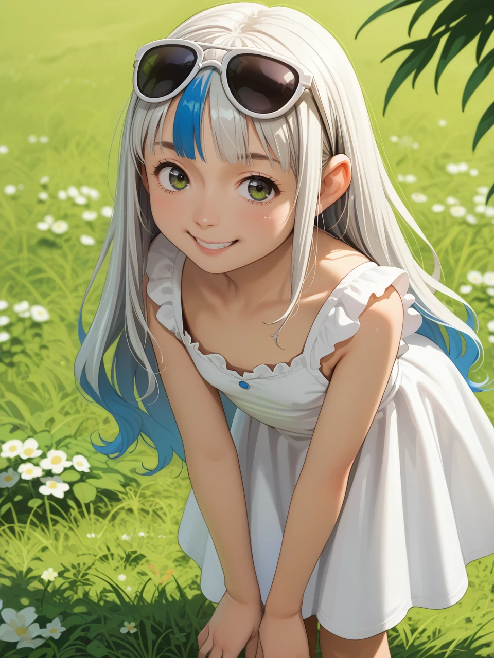 core_9, score_7_up, best quality, ultra-detailed, highres , 2d, lineart,1girl, streaked hair, solo,petite, dress, leaning forward, smiling, long hair, grass, sunglasses on head,
chipokan, <lora:Chipokan-pony:1>