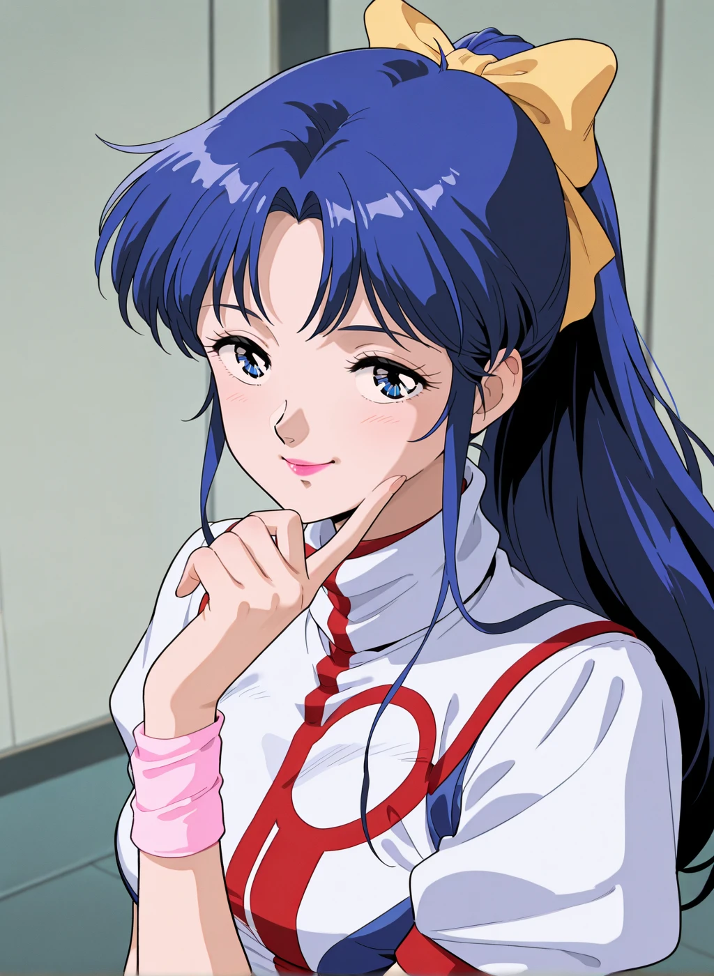 High quality,Ultra detailed,best quality,insanely detailed,beautiful,masterpiece,absurdres,very aesthetic,sensitive BREAK
<lora:amano_kazumi_V1_NOOB:1>,(amano kazumi, top wo nerae, blue hair, long hair, blue eyes, hair bow, yellow bow, ponytail, pink lips, retro artstyle, 1980s \(style\)),(pink leotard,uniform,turtleneck,short sleeves,puffy sleeves),1girl,solo,posing,indoors,portrait,smile,^_^,closed eyes,