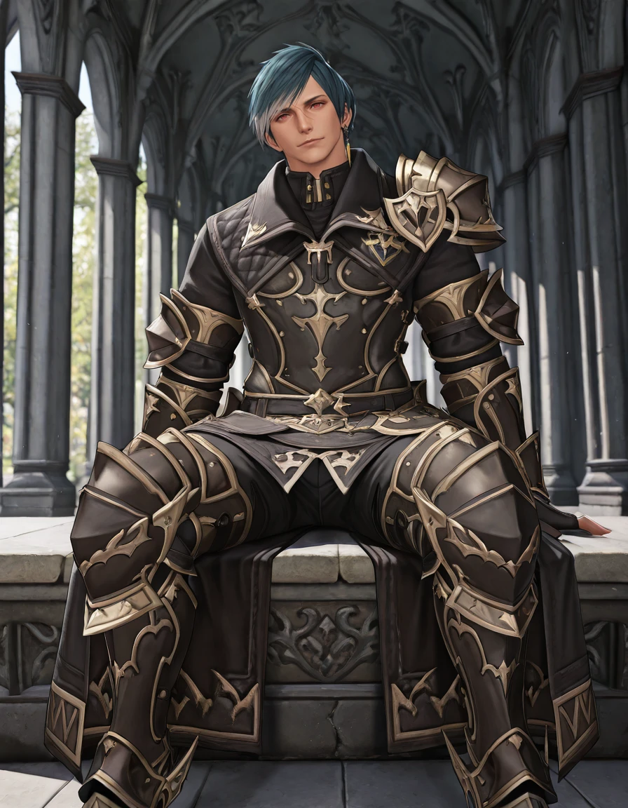 masterpiece, best quality, newest, perfect quality, intricate details, detailed background, male focus, realistic, solo, <lora:FFXIV - Granson Ketchthane - Illustrious-000004:0.8> granson_ffxiv, 1boy, hyur, red eyes, nose scar, teal hair, multicolored hair, single earring, single pauldron, coat, gauntlets, fingerless gloves, pants, armored boots, looking at viewer, sitting, on stone bench, kingdom, trees, contrapposto, head tilt