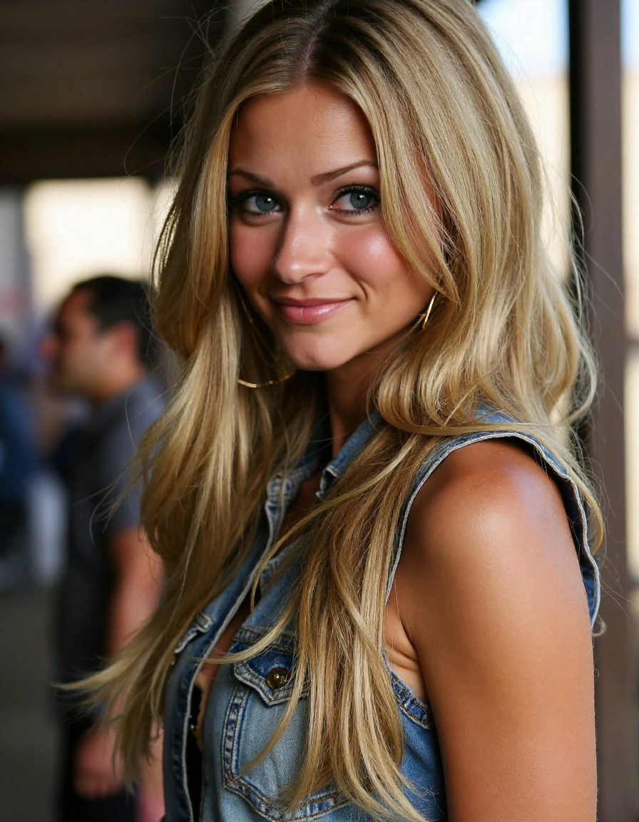 "Create a sophisticated portrait of a young woman in a professional setting. She has blonde, wavy hair, striking blue eyes with smoky makeup, and a confident gaze. Her attire is a layered ensemble with a white scoop-neck inner top and an elegantly draped blue cowl-neck outer garment. The background should be a soft, neutral cream to keep the focus on her poised and stylish appearance. The lighting is soft, casting gentle shadows that highlight her high cheekbones and defined jawline, conveying a sense of poise and self-assurance. --ar 3:4 --v 6.0 --style raw", 