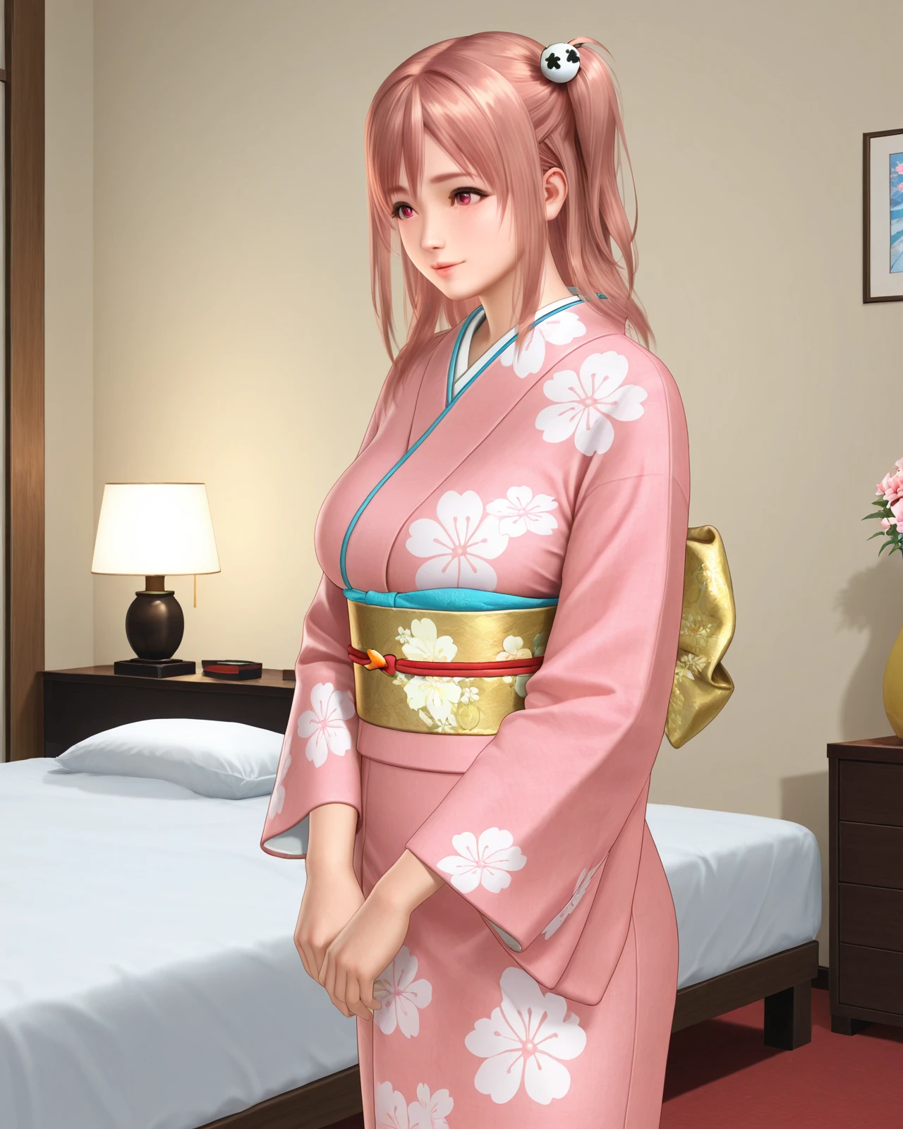 honoka \(doa vv\),cowboy shot,kimono,bedroom,