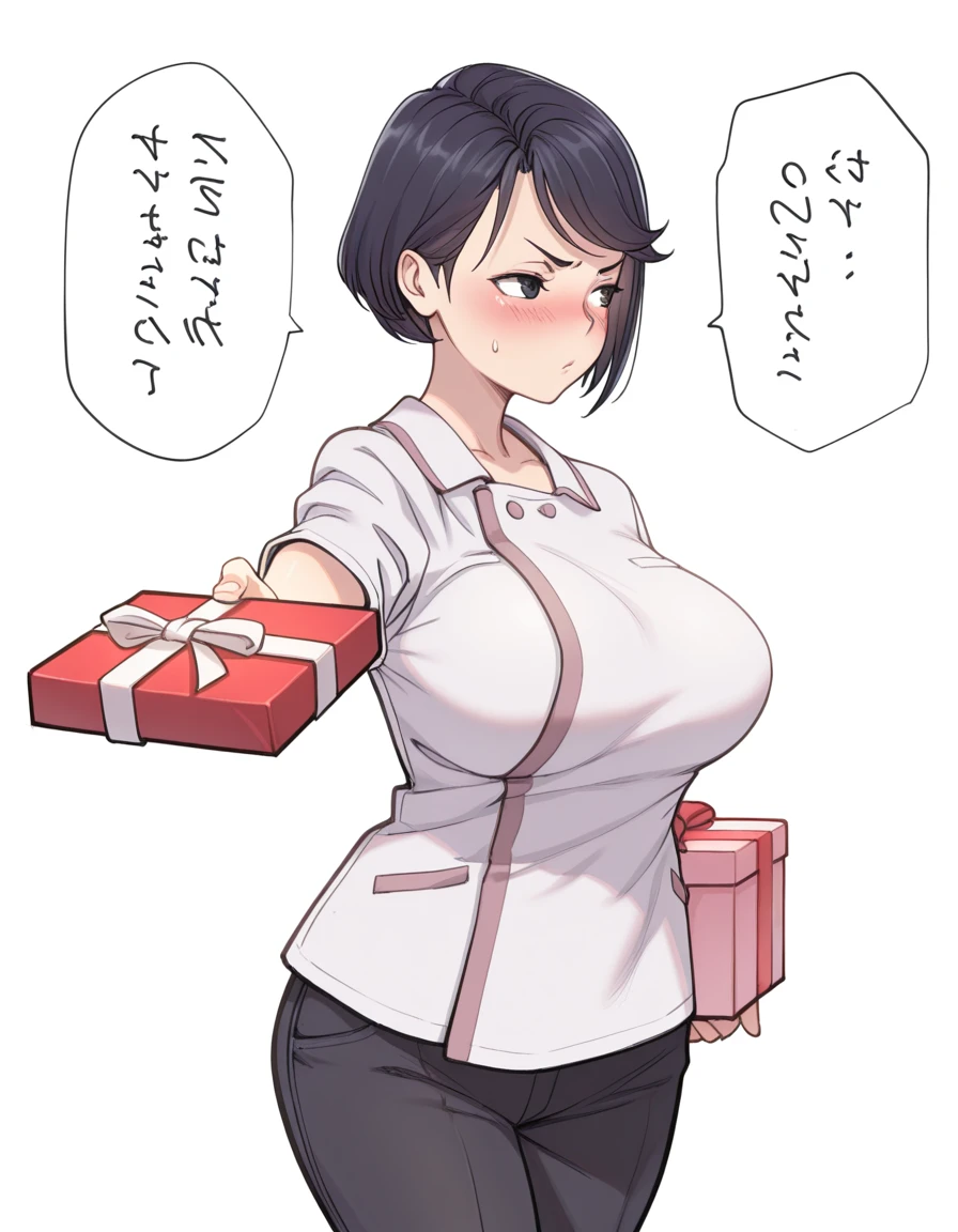 masterpiece, best quality, amazing quality,, <lora:papuka-yoko-manga-illustriousxl-lora-nochekaiser:1>, yoko, short hair, black hair, swept bangs, black eyes, mature female, breasts,, <lora:tsundere-illustriousxl-lora-nochekaiser:1>, tsundere, incoming gift, blush, gift, outstretched arm, looking away, cowboy shot,