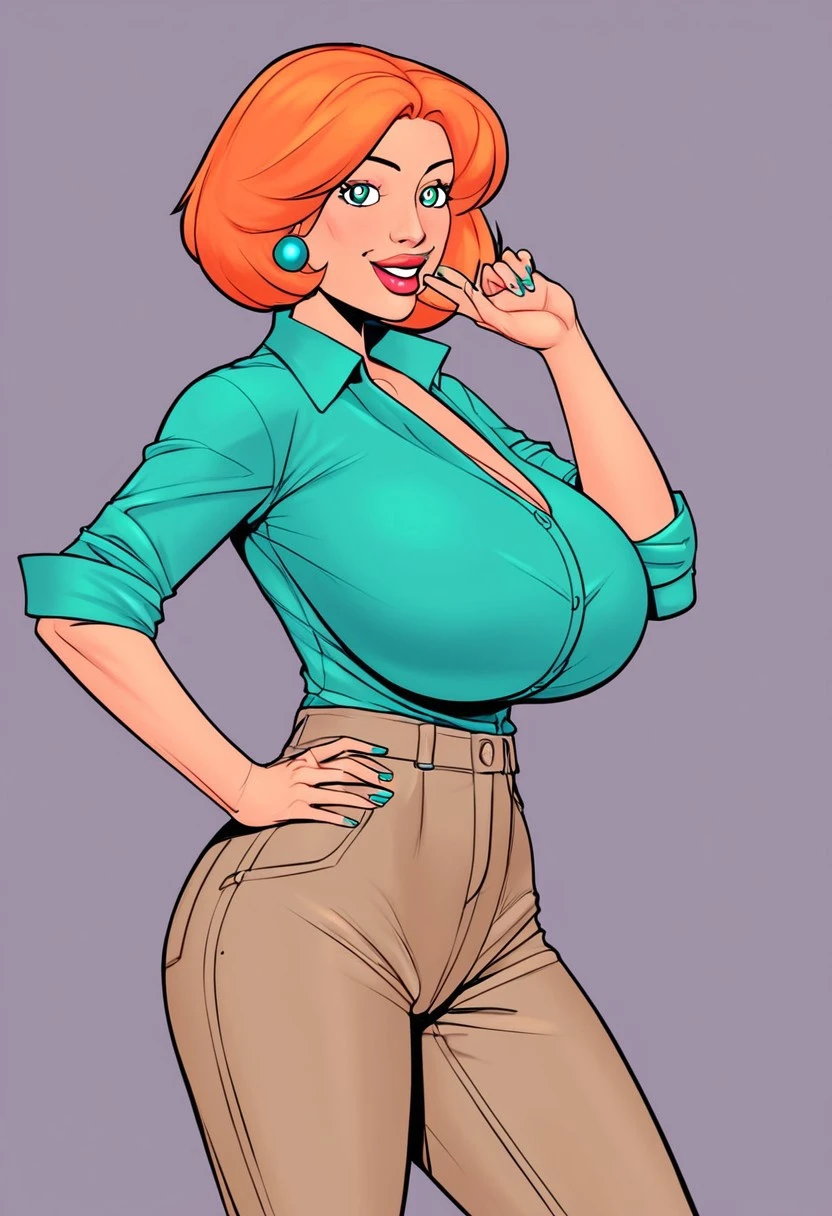 (((beautiful detailed face and extremely detailed eyeasterpiece,milf), 1girl, solo,(huge breast,alternative breast size,huge curvy,thick thighs), (very short hair), blue eyes,red hair, sourire, full body, (((lois griffin))), blue shirt, jeans, blue eyes, earrings,