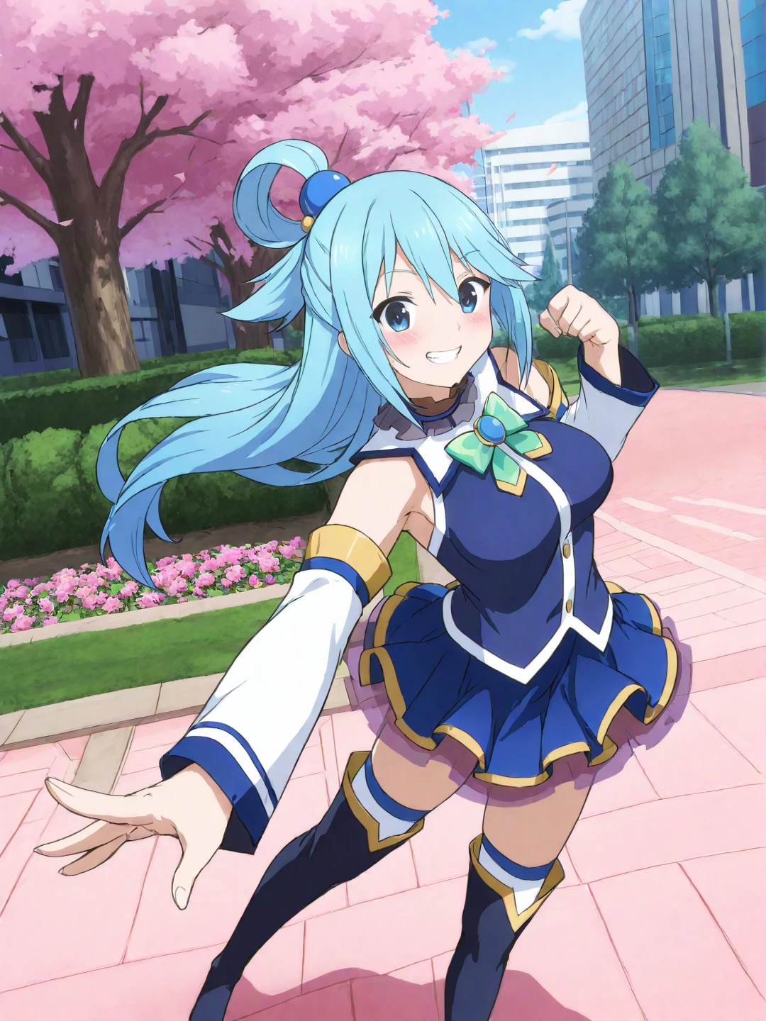 <lora:ST_Mahouka_Riromemo_0R:1>, riromemo, <lora:CC_Detail_Tweaker_1:1>
aqua \(konosuba\), blue eyes, blue hair, long hair, single hair ring, medium breasts
blue shirt, green bowtie, bare shoulders, detached sleeves, hagoromo, blue skirt, layered skirt, white thighhighs
masterpiece, best quality, amazing quality, absurdres, highres, detailed background, anime style, anime coloring
1girl, (detailed eyes:1.2), (detailed face:1.2), detailed skin
looking at viewer, blush, smile, teeth, fighting stance
(outdoors, science fiction, tokyo, shibuya, city, park, school, tree, flower bed, grass, bush, street, cherry blossoms)