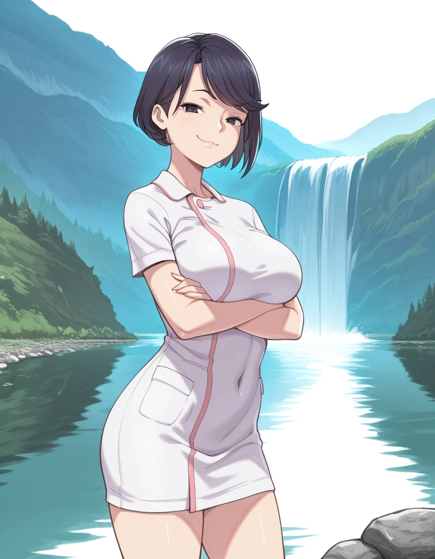 masterpiece, best quality, amazing quality,, <lora:papuka-yoko-manga-illustriousxl-lora-nochekaiser:1>, yoko, short hair, black hair, swept bangs, black eyes, mature female, breasts,, dress, short sleeves, covered navel, nurse,, crossed arms, smug, water, lake, river, waterfall, natural, cowboy shot, solo, looking at viewer